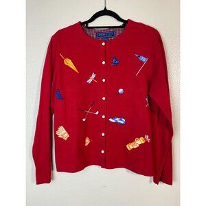 Karen Scott Red Golf Button Up Cardigan Medium Novelty Embroidered Long sleeve